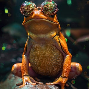 May include: An orange frog wearing round, glittery sunglasses. The frog is sitting on a rock. The background is blurred with green and gold bokeh. The frog's skin has a textured appearance.