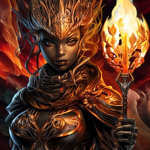 Puede incluir: Una mujer de piel oscura con una corona y armadura doradas sostiene una antorcha con una llama. El fondo es de color naranja y rojo fuego.