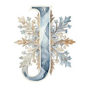 May include: Watercolor illustration of the letter "J" in shades of blue and gray, with a decorative floral design. The letter is embellished with a snowflake-like arrangement of leaves and floral elements in muted tones of beige, gray, and blue.