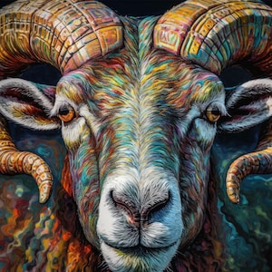 Desenho a lápis de 6 cores de ovelha Big Horn, carneiro de Áries, download digital instantâneo em PDF, padrão de ponto cruz contado compatível com suporte, impressão de gráfico