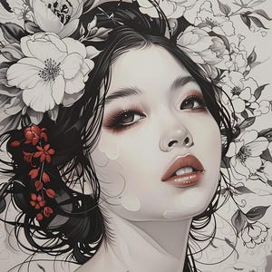 Può includere: Una donna con capelli scuri e tratti delicati è adornata con fiori bianchi e rossi. I suoi occhi sono chiusi e le sue labbra sono leggermente aperte. Lo sfondo è un bianco morbido con un delicato motivo floreale.