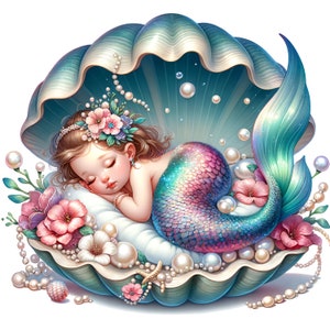 May include: A mermaid with a pink and blue tail sleeps peacefully inside a large seashell. The shell is decorated with pearls and flowers. The mermaid has a crown of flowers on her head and is wearing a pearl necklace.