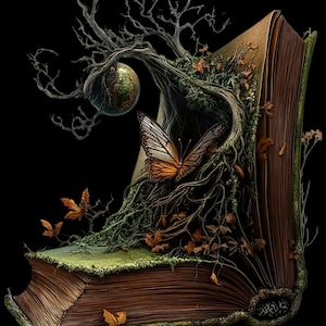 Peut inclure: Un grand livre ouvert avec un arbre qui pousse de son intérieur. L'arbre a une petite sphère ronde verte suspendue à une branche. Un papillon aux ailes orange et brunes est perché sur une branche. Le livre est recouvert de mousse et de feuilles.