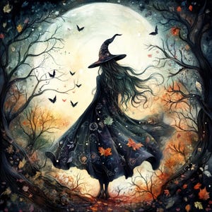 May include: An illustration of a witch in a black cloak and hat, standing in a forest under a full moon. The cloak is adorned with leaves and floral patterns. Bats and autumn leaves float in the air, creating a mystical scene.