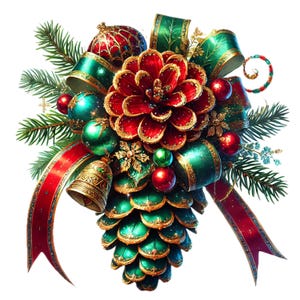 Puede incluir: Una decoración navideña festiva con un cono de pino verde con detalles dorados, rodeado de cinta roja y verde, una flor roja y varios adornos.