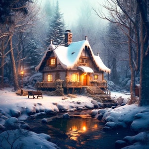 Cenário de paisagem de chalé de inverno, padrão de ponto cruz contado, compatível com PDF, download digital instantâneo, impressão colorida 18ct BW