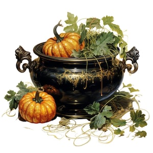 May include: A black ceramic pot with gold accents and a decorative handle, filled with green leaves and two small orange pumpkins.