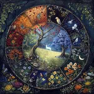 Puede incluir: Obra de arte circular que representa las cuatro estaciones. Cada sección presenta una estación diferente con árboles, flores, pájaros y un ciervo. La obra está ambientada sobre un fondo oscuro, similar a un bosque, con detalles intrincados y una atmósfera mística.