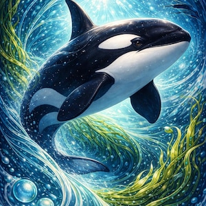 Balena Orca dei Mari Incantati, compatibile con Pattern Keeper, download digitale immediato in PDF, schema per punto croce contato in bianco e nero da stampare.