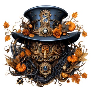 Puede incluir: Una decoración de Halloween de estilo steampunk con un sombrero de copa azul con detalles dorados y una cara hecha de engranajes y ruedas dentadas. El sombrero está adornado con calabazas naranjas y hojas de otoño.