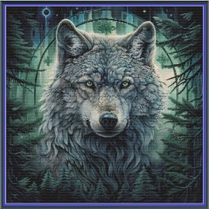 May include: A gray wolf with green eyes stares directly at the viewer. The wolf is surrounded by a dark green forest with a glowing blue circle behind it.