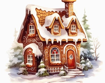 Watercolor Christmas gingerbread house pattern PDF instant digital download counted cross stitch 14 and 18 count, B&W and color printout