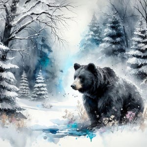 May include: Watercolor painting of a black bear in a snowy forest. The bear is the focal point, with a light brown snout and dark fur. The background features snow-covered trees and a soft, blue-toned sky, creating a serene winter scene.