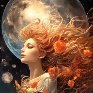 May include: A woman with long, flowing red hair and a white dress is surrounded by orange roses. She is looking up at a large, blue planet in the background. The image is set against a dark, starry sky.