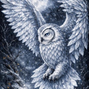 以下が含まれることがあります： 暗い雪の森を背景に、翼を広げた白いフクロウの精巧なイラスト。満月が輝き、フクロウの羽毛は細部まで描かれ、青い目が特徴的です。