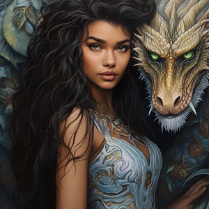 May include: A woman with long, dark hair and a silver and blue patterned bodice is posed next to a green-eyed dragon.