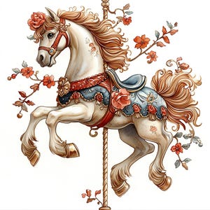 May include: A white carousel horse with a flowing mane and tail, adorned with red and orange floral accents. The horse features a blue saddle and red harness, set against a white background. The carousel pole is gold.