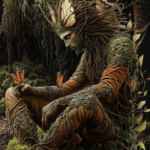 Puede incluir: Una figura verde y marrón con una cara y un cuerpo humano cubiertos de enredaderas y musgo. La figura está sentada con la cabeza inclinada y tiene alas de mariposa en la cabeza. Hay varias mariposas volando alrededor de la figura.