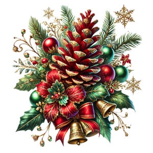Pode incluir: Um arranjo de Natal festivo com uma grande pinha vermelha com detalhes dourados, rodeado por enfeites vermelhos e verdes, folhas de azevinho e sinos dourados. O design inclui um laço vermelho e flocos de neve dourados.