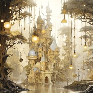 Pode incluir: Uma ilustração de fantasia de um grande castelo adornado com torres e pináculos, rodeado de árvores com luzes brilhantes penduradas nos galhos. O castelo está construído numa pequena ilha num lago.