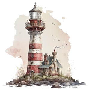 May include: A red and white striped lighthouse with a small house attached to it. The lighthouse is on a rocky island with water in the background.