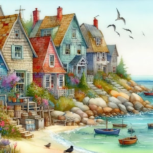 Cabañas junto al mar caprichosas, 5 patrones compatibles con el guardián PDF, descarga digital instantánea, punto de cruz contado, 18 ct, blanco y negro, impresión de carta de colores
