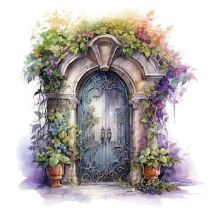 May include: A watercolor painting of a blue door with intricate ironwork, surrounded by lush green vines and flowers. The door is set in a stone archway with a weathered stone facade.