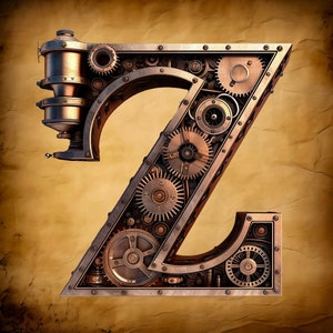May include: A steampunk-style letter Z made of metal gears and cogs. The letter is rendered in a 3D style and appears to be made of brass and copper.