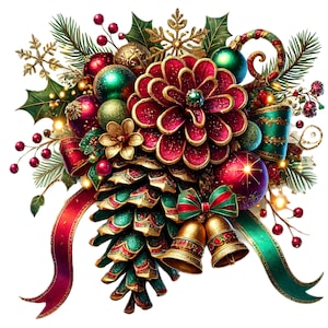 Puede incluir: Una corona navideña festiva con una piña roja y dorada, campanas rojas y doradas, cinta roja y dorada y adornos verdes y dorados.