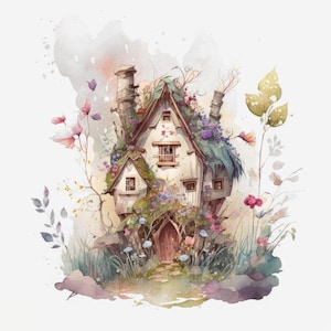 Aquarela fada floresta casa padrão keeper compatível PDF download digital instantâneo contado ponto cruz 18ct BW impressão colorida