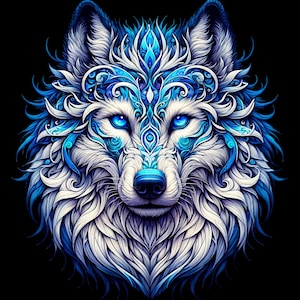 May include: A detailed illustration of a wolf's head, featuring intricate patterns in shades of white and blue against a black background. The wolf has piercing blue eyes and a blue nose, with ornate designs adorning its fur.