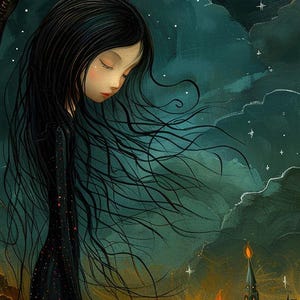 May include: A dark-haired girl in a black dress stands beneath a full moon, with a black cat seated on a rock in the foreground. The moon is encircled by a tree with red blossoms, and the background is a dark blue sky dotted with stars.