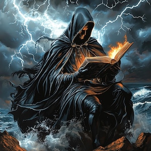 May include: A hooded figure in a dark cloak sits on a rocky outcropping, holding a large, open book with flames emanating from its pages. The figure is surrounded by stormy clouds and lightning.