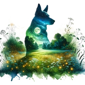 May include: A silhouette of a dog with a night sky and forest scene inside. The dog is sitting with its head turned to the side. The scene is surrounded by green grass and wildflowers with glowing fireflies.