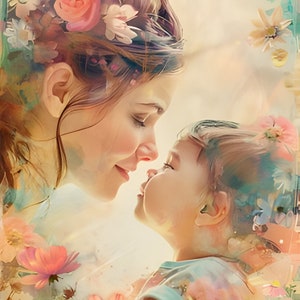 Könnte beinhalten: Ein Aquarellbild einer Mutter und ihres Kindes, ihre Gesichter nah beieinander, umgeben von bunten Blumen. Die Mutter hat langes braunes Haar und das Kind hat kurzes braunes Haar. Das Bild ist weich und romantisch.