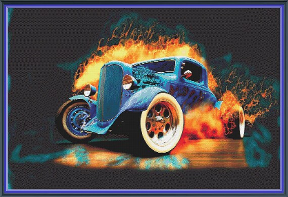 Electric Blue Hot Rod Flaming Burnout Drag Race Car PDF Digital