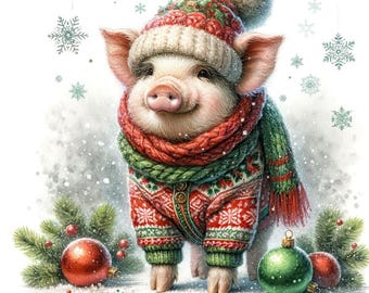 May include: A cheerful piglet wearing a red and green Christmas sweater, matching hat, and scarf. The piglet is surrounded by snowflakes and Christmas ornaments. The sweater has a snowflake pattern. The image has a watercolor style.