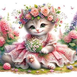 Puede incluir: Ilustración de un gatito con un vestido rosa y una corona de flores, sosteniendo un ramo de flores blancas. El gatito está rodeado de flores rosas y moradas, con mariposas en el fondo. El tema es floral y caprichoso.