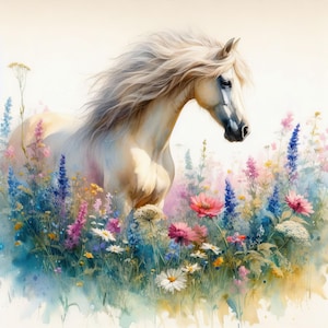 Horse In Wildflowers 8 pdf directe digitale download geteld kruissteekpatroonhouder compatibel, afdruk kleurenkaart