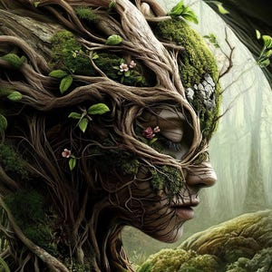 May include: Digital artwork showing a woman's profile, her features composed of tree roots, moss, and delicate pink flowers. The background suggests a forest scene, with soft lighting and a tranquil atmosphere.