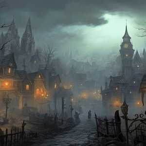 May include: A foggy, medieval town with cobblestone streets and tall, dark buildings. The town is lit by lanterns and has a clock tower in the center.