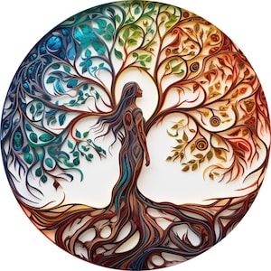 May include: A circular artwork depicting a woman integrated into a tree design. The tree's branches and roots are intricately detailed with various colours, including blues, greens, oranges, and browns. The woman's form is incorporated into the tree's trunk, creating a harmonious composition.