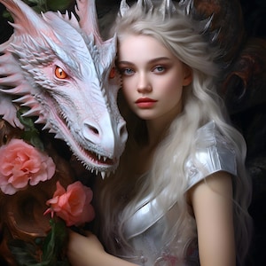 Pode incluir: Um retrato de fantasia de uma mulher com longos cabelos brancos esvoaçantes, usando uma coroa e armadura prateadas. Ela posa com um dragão branco e rosas cor-de-rosa. O dragão tem olhos laranja e dentes afiados.