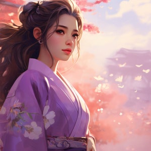 May include: A woman in a purple kimono with white floral patterns stands in a field of pink cherry blossoms. The background features a traditional Japanese building and white butterflies.