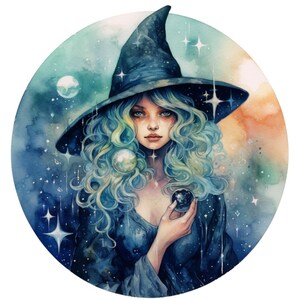 May include: A watercolor painting of a woman with long blue hair wearing a black witch hat. She is holding a dark orb in her hand. The background is a starry night sky.