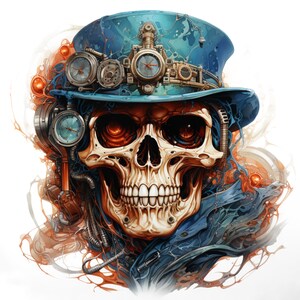 May include: A detailed illustration of a skull wearing a blue top hat adorned with clockwork gears and gauges. The skull has glowing red eyes and is surrounded by orange and blue wisps, creating a steampunk aesthetic.