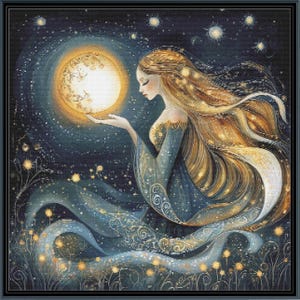 May include: A digital art print of a celestial woman holding a glowing moon. The artwork features a color palette of blues, golds, and whites, with flowing hair and a detailed dress. The background is a starry night sky with delicate floral accents.