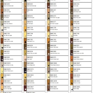 May include: A color chart with 100 different shades of brown, beige, yellow, and gold. Each color is labeled with a DMC number and a short description. The chart is organized in columns, with each column representing a different shade of brown.