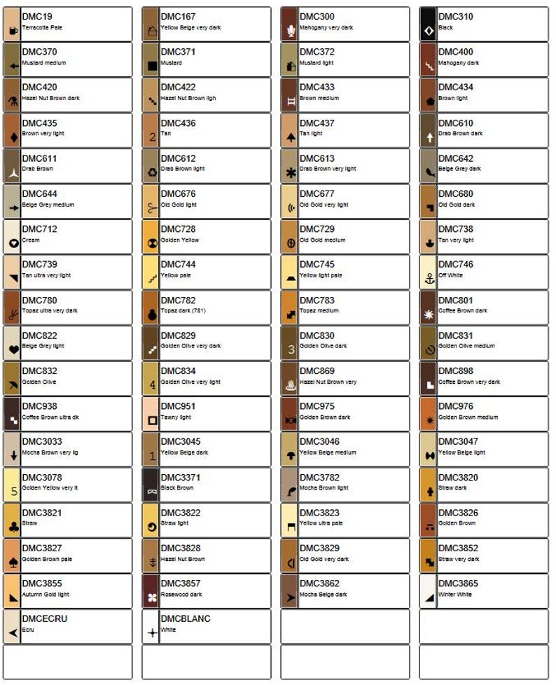 May include: A color chart with 100 different shades of brown, beige, yellow, and gold. Each color is labeled with a DMC number and a short description. The chart is organized in columns, with each column representing a different shade of brown.