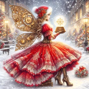 Puede incluir: Un hada con alas doradas y un vestido rojo sostiene una bola de nieve con un copo de nieve en su interior. El hada lleva un sombrero rojo con ribete blanco y un cuello de piel blanca. El fondo es una calle nevada con luces de Navidad y árboles.